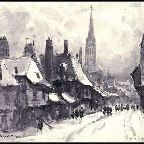 DREVET (Joannès). Village de Savoie en hiver, 1912. Dessin à...