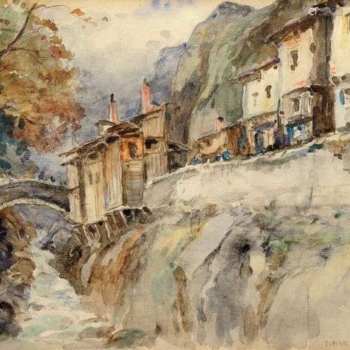 DREVET (Joannès). Paysage de Maurienne. Aquarelle originale,...