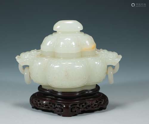 Qing Dynasty - Hetian White Jade Kylin Ear Begonia Shaped Fu...