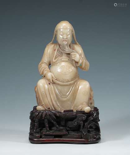 Qing Dynasty - Shoushan Stone Guan Gong Seated Statue