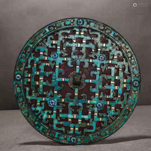 Han Dynasty - Gilt Bronze Mirror Inlaid with Turquoise Stone