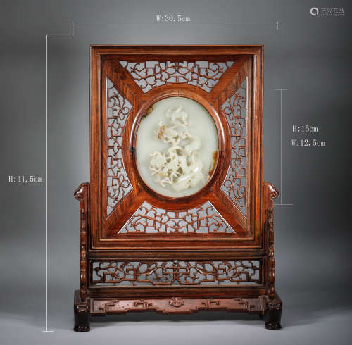 Qing Dynasty - Huanghuali Inlaid Hetian White Jade Interstit...