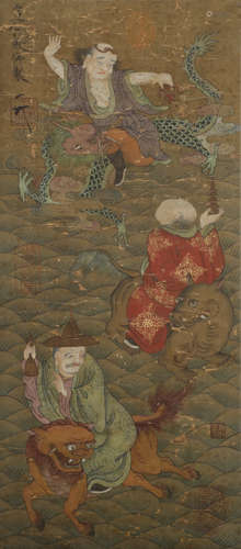 Song Dynasty - Song Huizong - Arhats Hanging Scroll on Silk