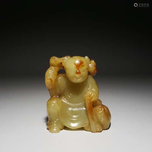 Qing Dynasty - Hetian Jade Topaz Boy Playing Beast