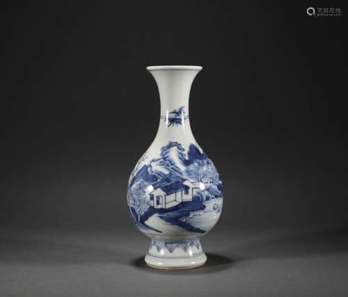 Qing Dynasty - Blue and White Long-Necked Vase