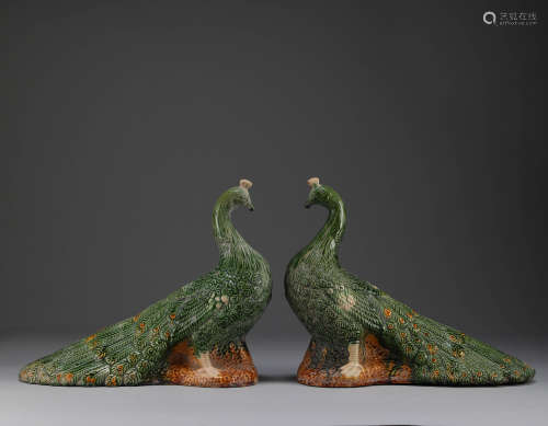 Tang Dynasty - A Pair of Green-Glazed Peacock Ornaments