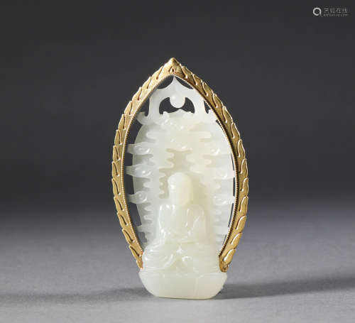 Qing Dynasty - Gilt Silver Hetian Jade Buddha Plate