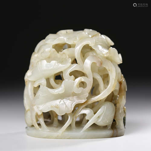 A Carved Jade Bird And Flower Incense Finial