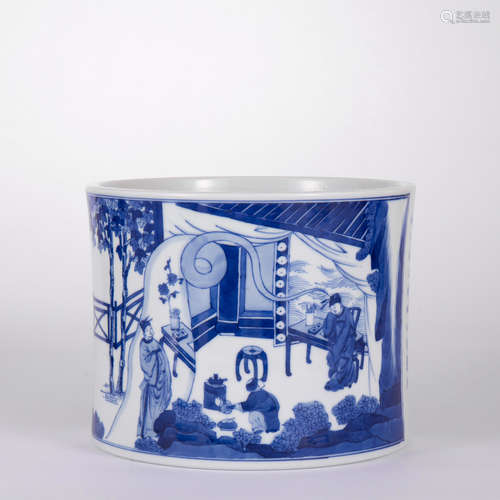 A Blue And White Inscribed Figure Brush Pot