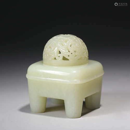 A Carved White Jade Four-Leg Incense Burner