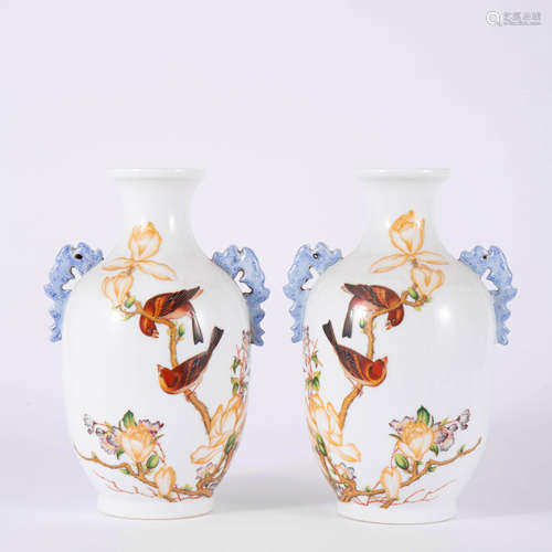 A Pair Of Inscribed Falangcai Flower&Bird Double-Eared Vases