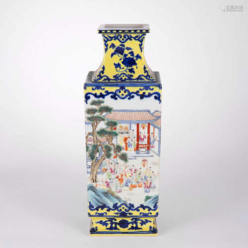 An Underglaze Blue And Yellow Glaze Boys Playing Square Vase