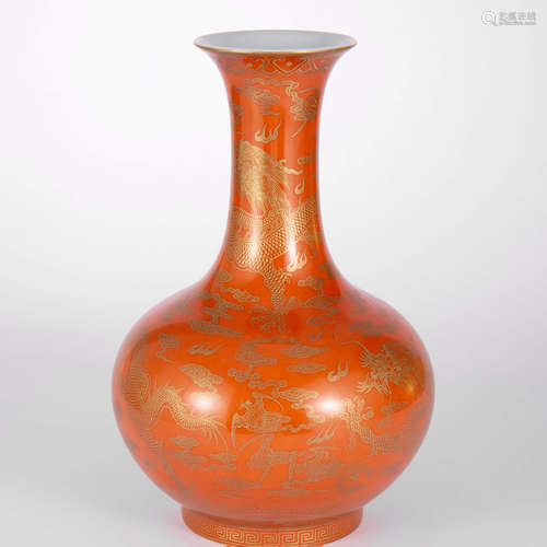 A Coral-Red Glaze Dragon Bottle Vase