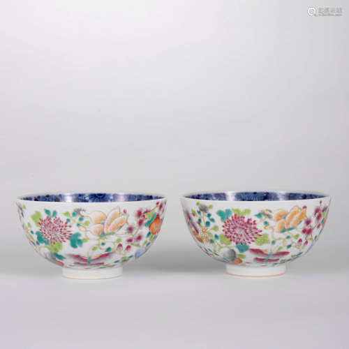 A Pair Of Underglaze Blue And Famille Rose Flower&Bird Bowls