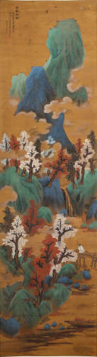 A Chinese Landscape Painting Silk Scroll, Lan Ying Mark