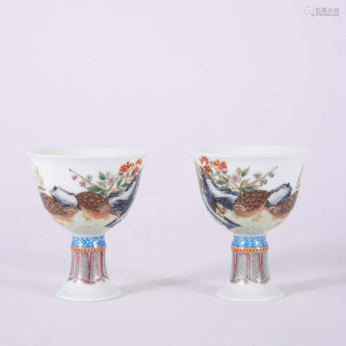 A Pair Of Falangcai Flower&Bird Stem Cups