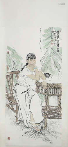 A Chinese Figure Painting Scroll, He Jiaying Mark