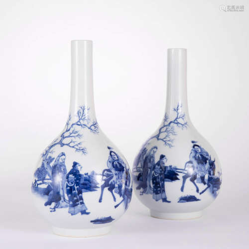 A Pair Of Blue And White Figure Bottle Vases