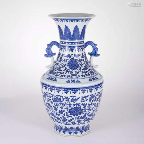 A Blue And White Double-Eared Floral Vase