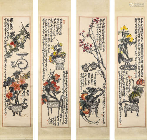 Four Chinese Flower Painting And Calligraphy Scrolls, Wu Cha...