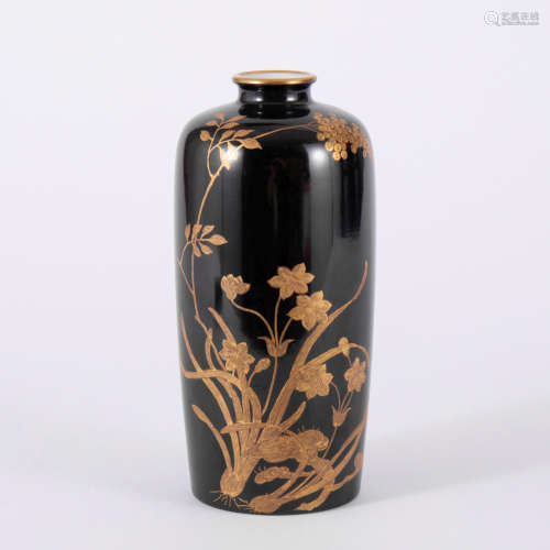 A Black Glaze And Gilt Decorated Flower Vase