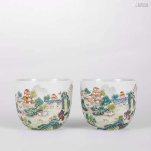 A Pair Of Famille Rose Landscape&Figure Cups