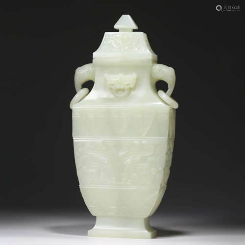 A Carved White Jade Elephant-Eared Squared Vase