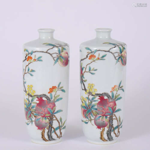 A Pair Of Famille Rose Pomegranate Vases