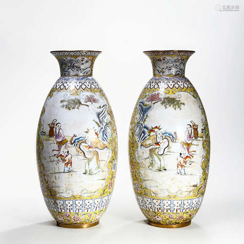 A Pair Of Bronze Enamel Figure Vases