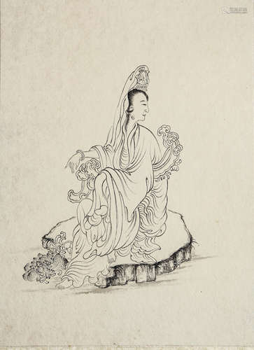 A Chinese Avalokitesvara Painting Scroll, Pu Ru Mark