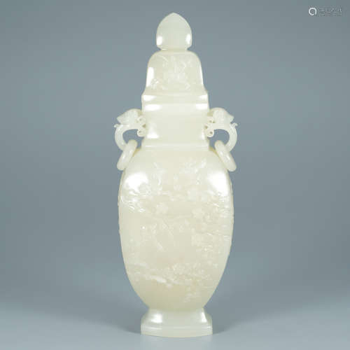 A Carved White Jade Double-Eared Vase