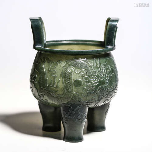 A Carved Spinach Green Jade Dragon Tripod Censer