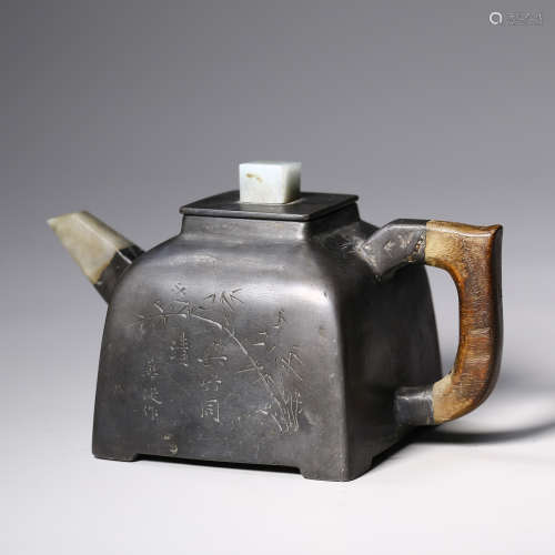 A Tin Inlaid Jade Square Tea Pot