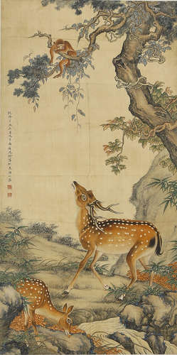 A Chinese Deer And Pine Painting Silk Scroll, Shen Quan Mark