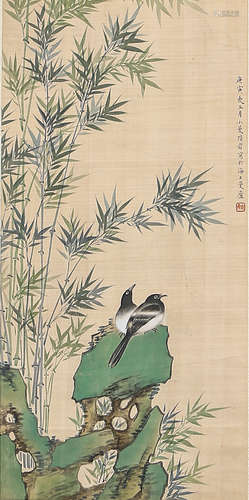 A Chinese Flower&Bird Painting Silk Scroll, Lu Xiaoman Mark