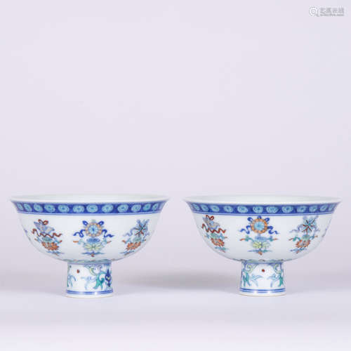 A Pair Of Blue And White Eight Treasures Stem Cups