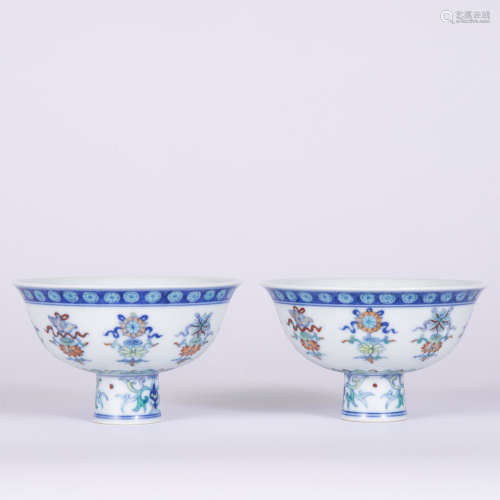 A Pair Of Blue And White Eight Treasures Stem Cups