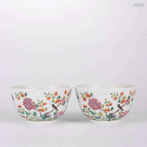 A Pair Of Famille Rose Flower&Bird Cups