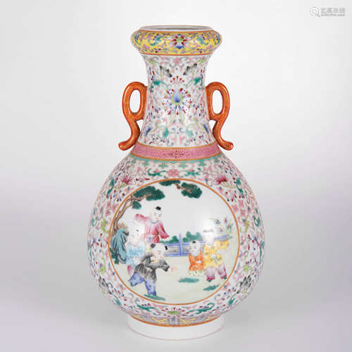 A Famille Rose Figure Double-Eared Vase