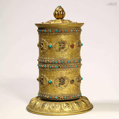 A Gilt Bronze And Gems Inlaid Prayer Wheel