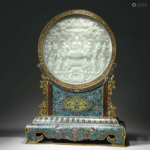 A Buddhist White Jade Table Screen With Cloisonne Enamel Sta...