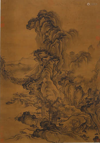 A Chinese Pavilion Painting Silk Scroll, Guo Xi Mark