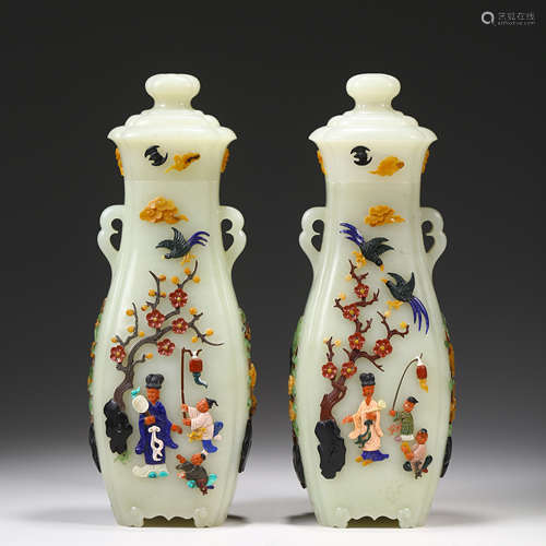 A Pair Of Gems Inlaid Jade Figure Story Vases