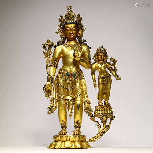 A Gilt Bronze Figure Of Avalokitesvara And Attendant