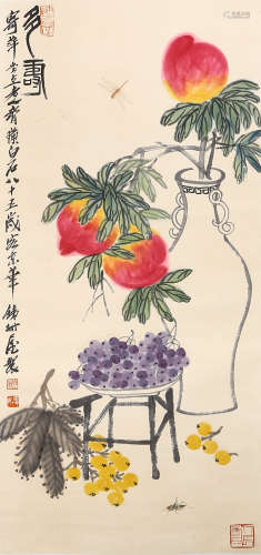 A Chinese Melon Painting Scroll, Qi Baishi Mark
