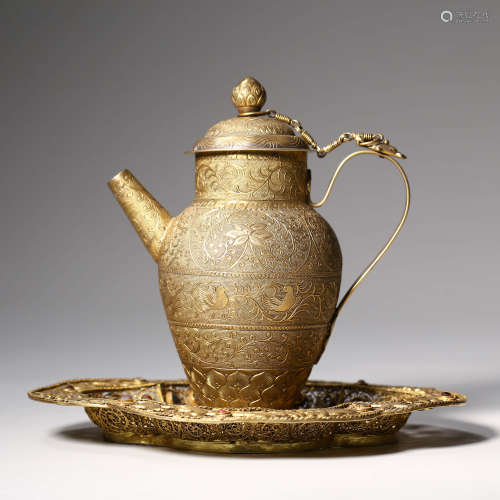 A Silver Gilding Flower Tea Pot And Plate