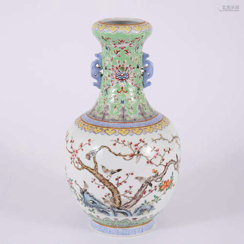 A Famille Rose Flower&Bird Double-Eared Vase