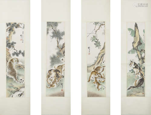 Four Chinese Tiger Painting Scrolls, Liu Jiyou Mark