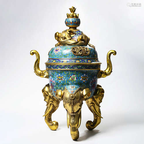 A Cloisonne Enamel Elephant-Leg Tripod Censer And Cover