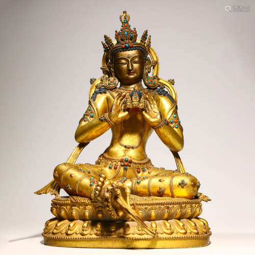 A Gilt Bronze And Gems Inlaid Seated Guanyin